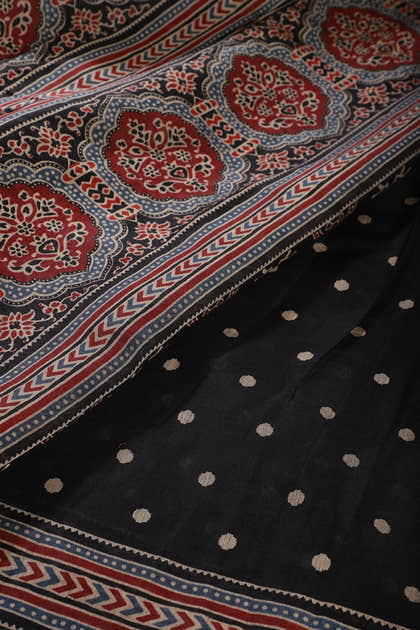 Black Cotton Silk Block Printed Saree
