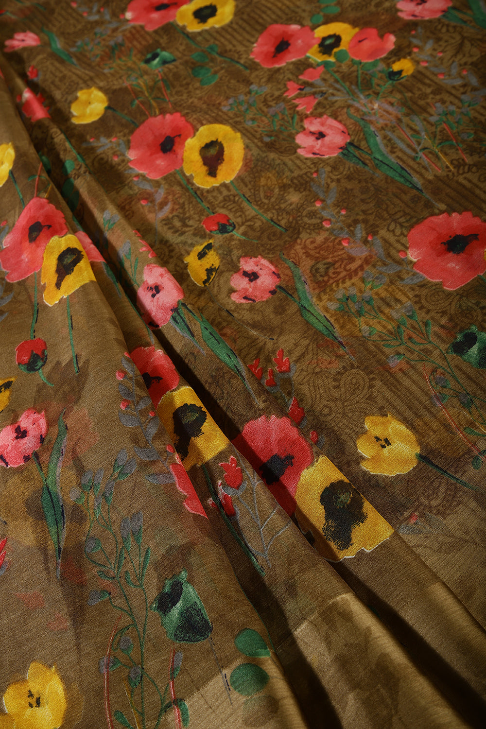 Light Brown Color Floral Printed Chiffon Saree