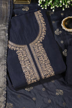 Navy Silk Neck Zari Embroidered Unstitched Suit Material