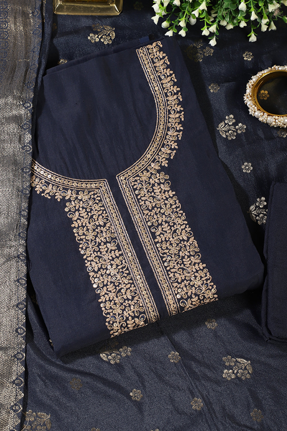 Navy Silk Neck Zari Embroidered Unstitched Suit Material