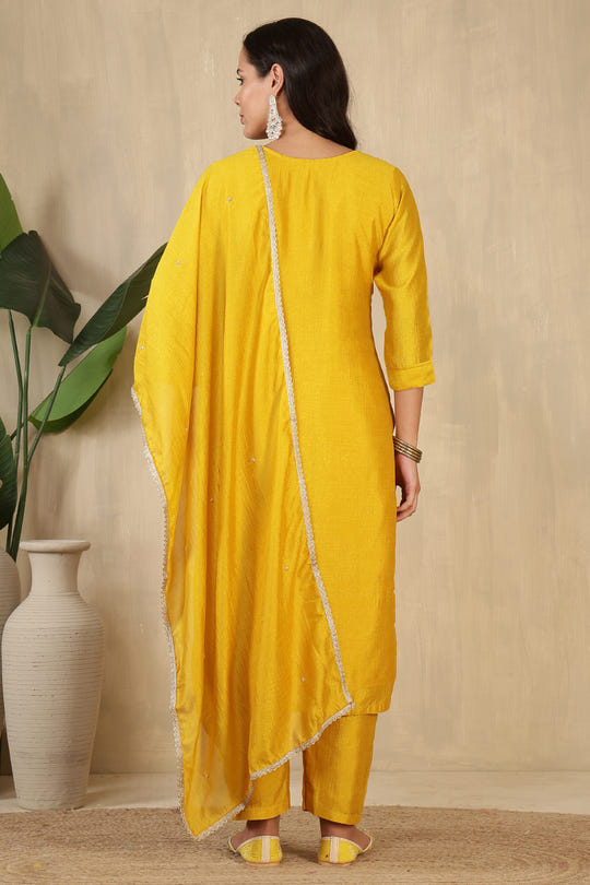 Mustard Crepe Silk Neck Embroidered Suit