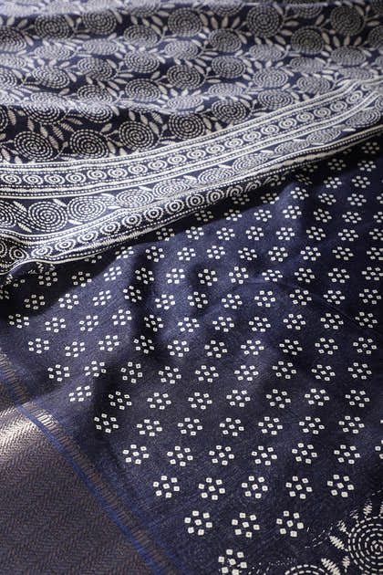 Navy Colour Printed & Woven Cotton Silk Saree
