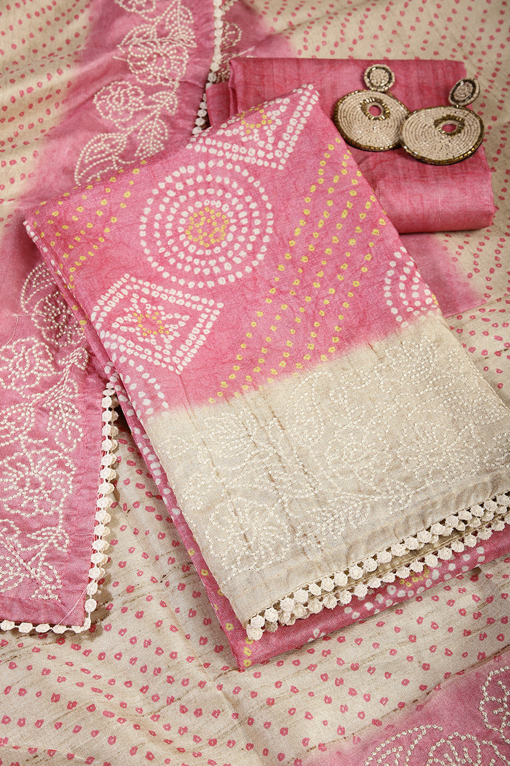 Coral Pink Color Tussar Silk Bandhani Printed Unstitched Suit Material