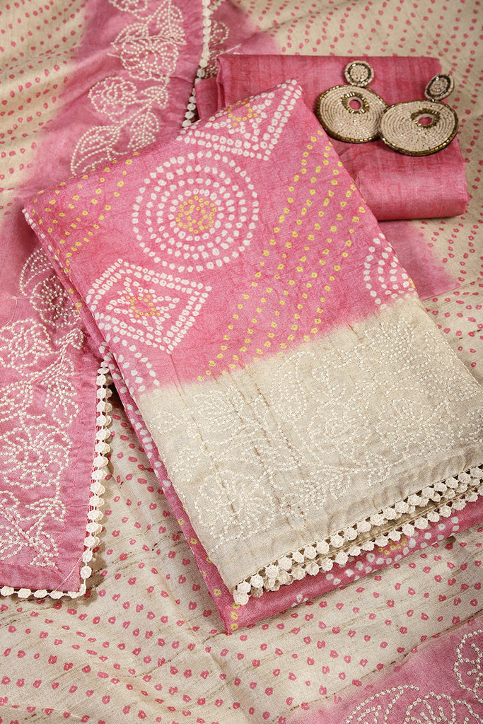 Coral Pink Color Tussar Silk Bandhani Printed Unstitched Suit Material