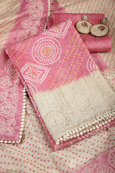 Coral Pink Color Tussar Silk Bandhani Printed Unstitched Suit Material
