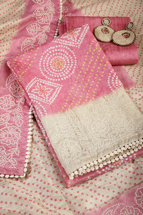 Coral Pink Color Tussar Silk Bandhani Printed Unstitched Suit Material