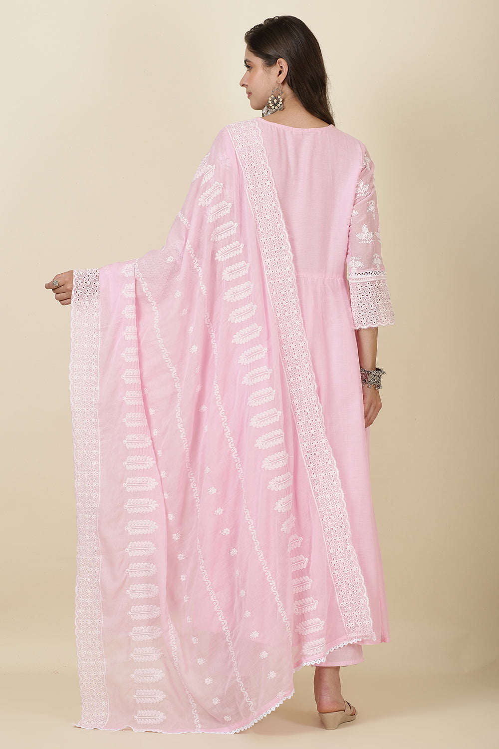 Pink Cotton Resham Embroidered and Lace Work Anarkali Suit