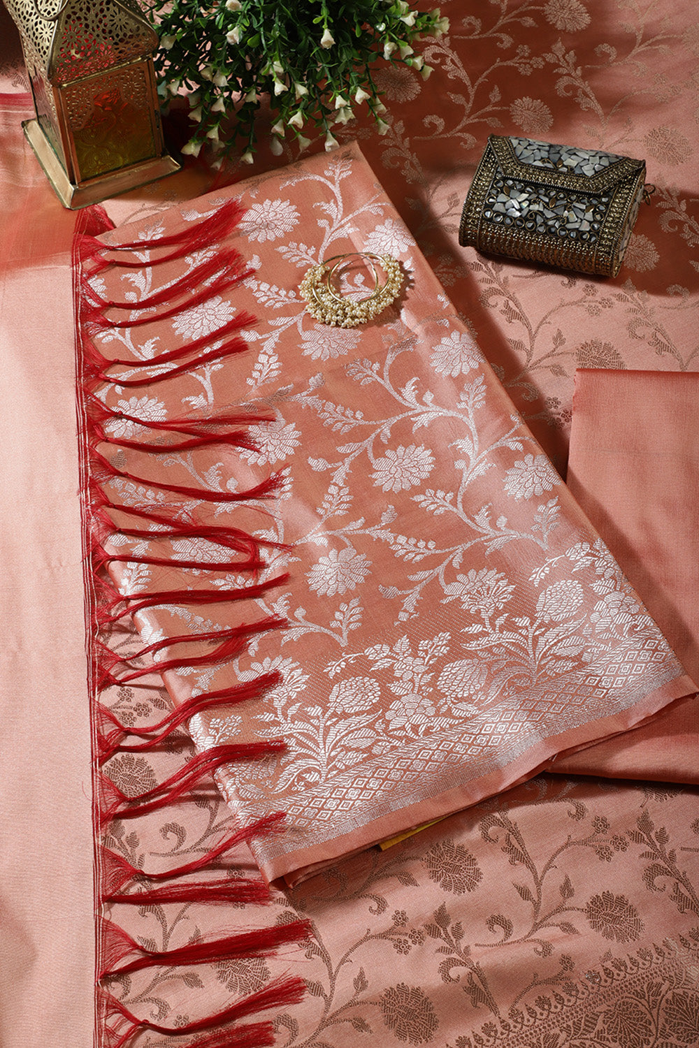 Peach Zari Floral Woven Unstitched Suit Fabric
