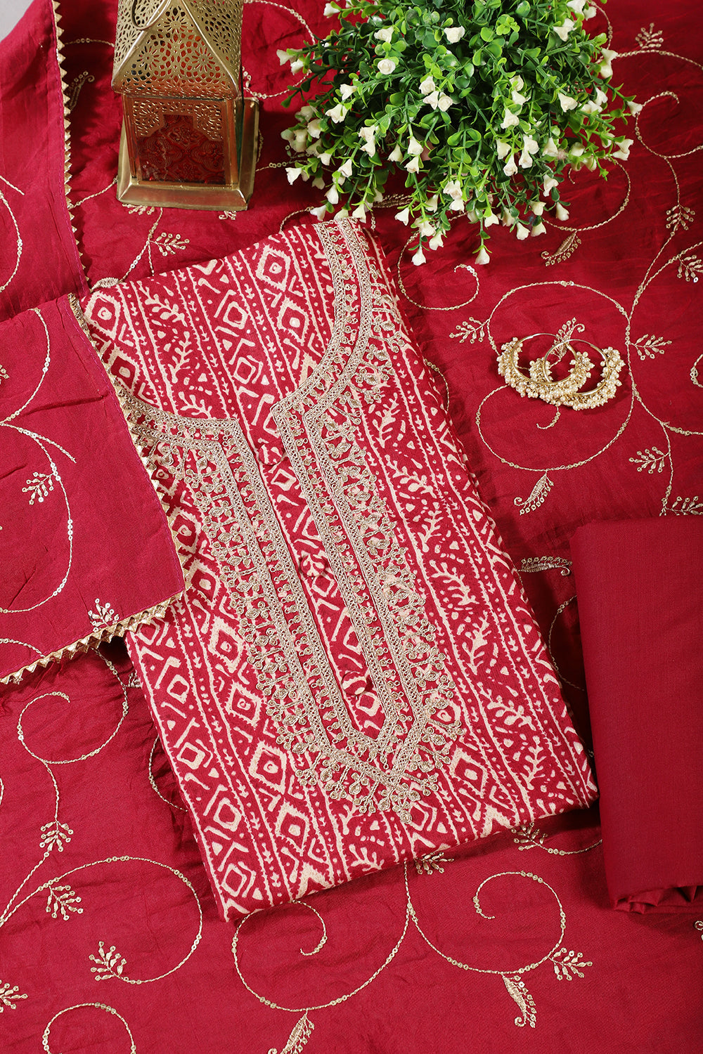 Fuchsia Red Cotton Digital Printed & Neck Embroidered Unstitched Suit