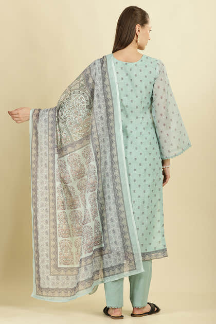 Mint Green Cotton Floral Printed And Neck-EmborideredUnstitched Suit Material