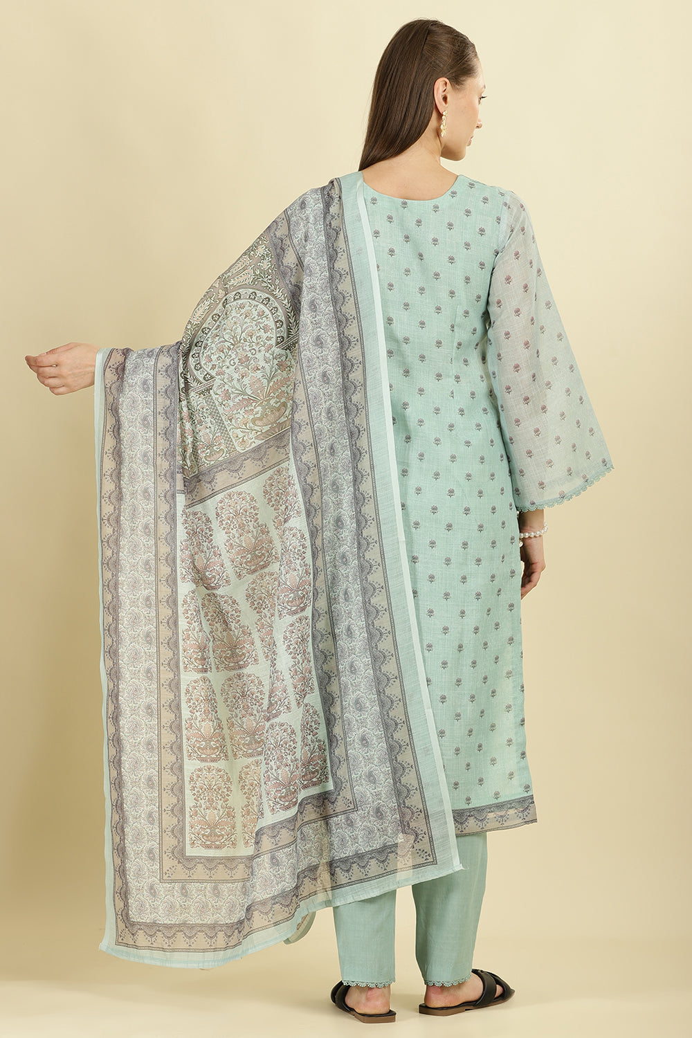 Mint Green Cotton Floral Printed And Neck-EmborideredUnstitched Suit Material
