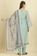 Mint Green Cotton Floral Printed And Neck-EmborideredUnstitched Suit Material