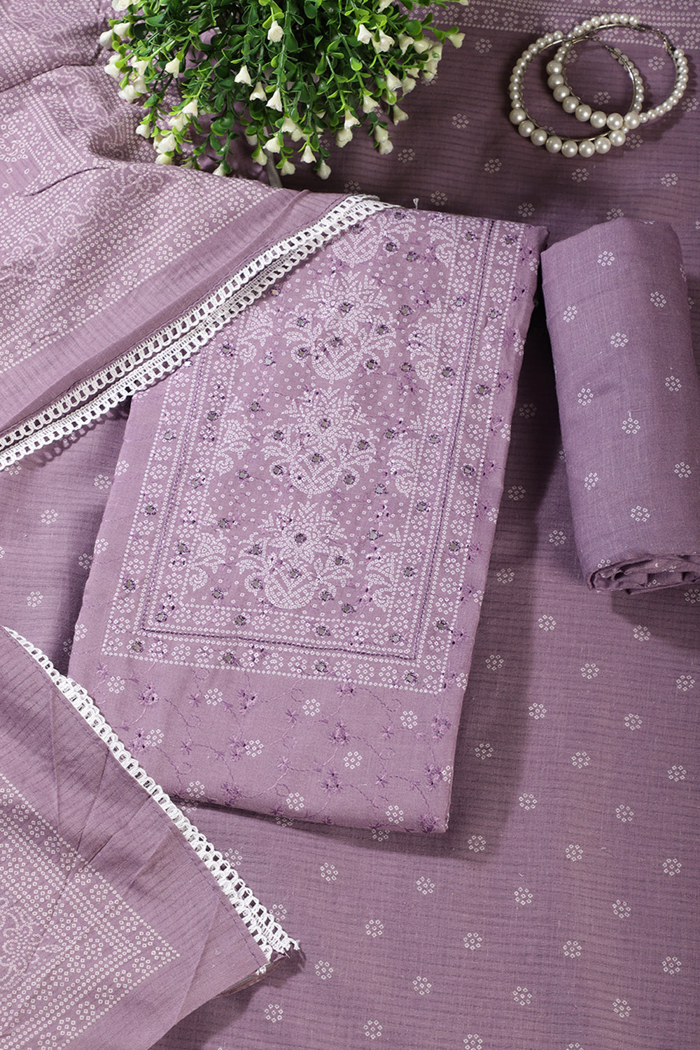 Purple Color Resham & Mirror Embroidered Cotton Unstitched Suit Fabric