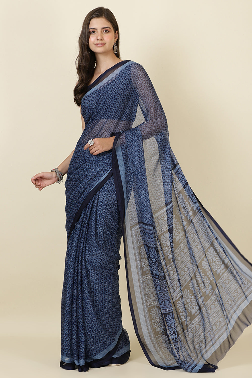 Navy Georgette Printed Saree