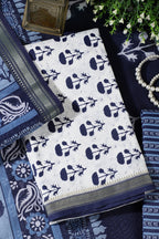 Navy And White Cotton  Zari Border & Floral Block Print Unstitched Suit Material