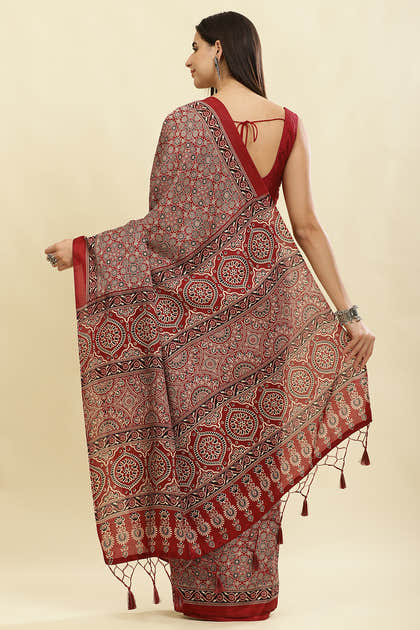 Maroon Cotton Silk Ajrakh Block Printed Saree