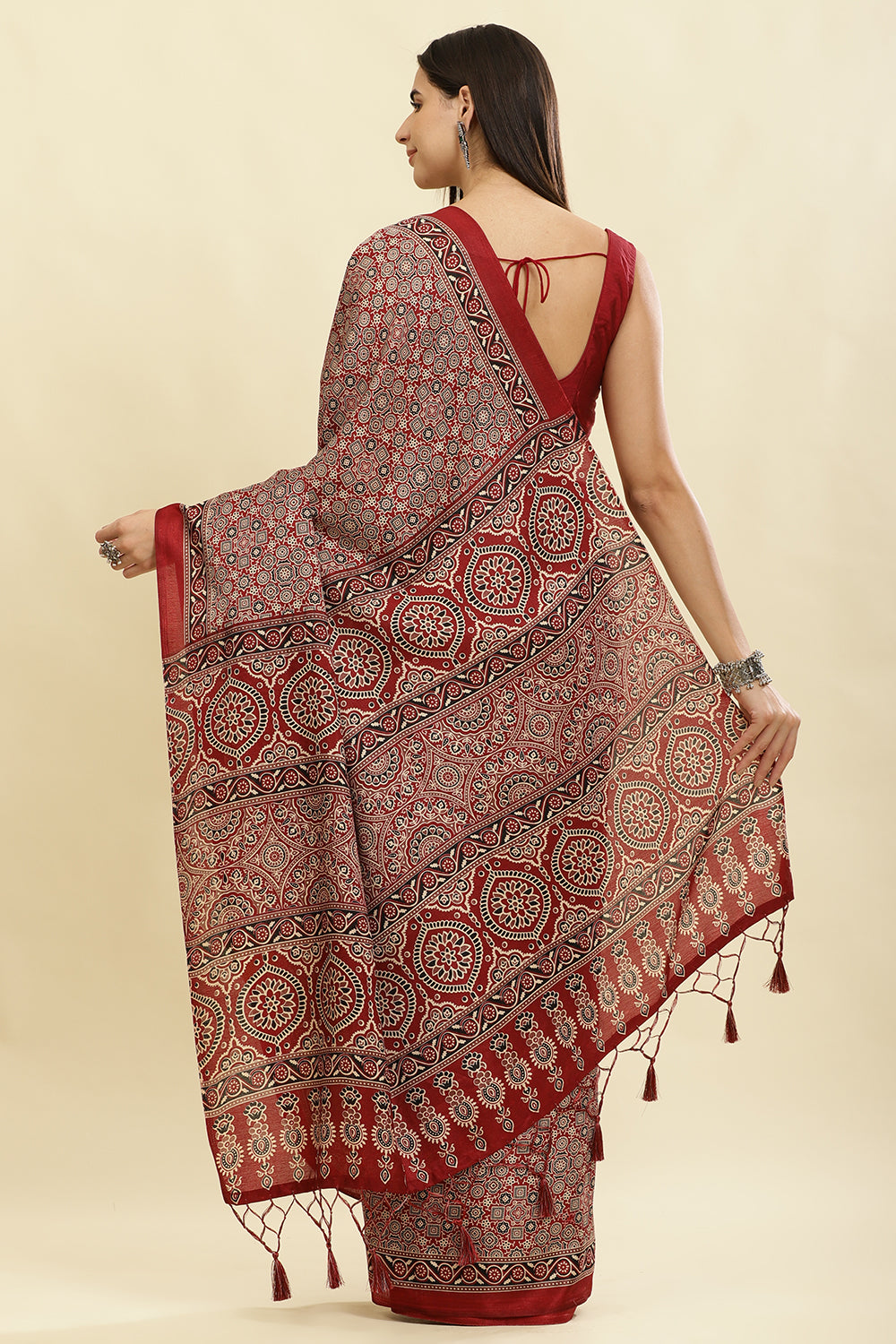 Maroon Cotton Silk Ajrakh Block Printed Saree