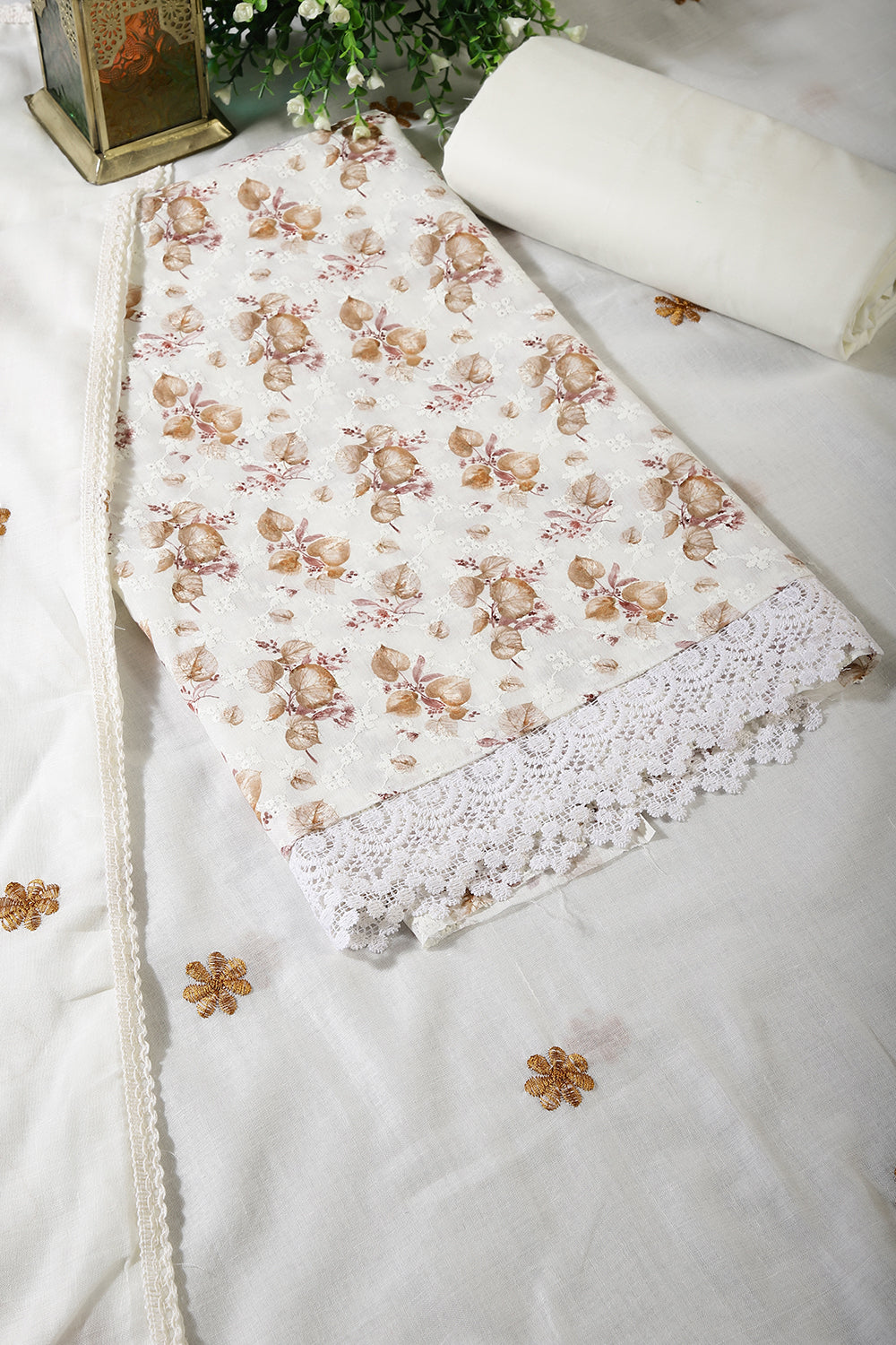 White & Brown Color Printed And  Embroidered Cotton Unstitched Suit Fabric