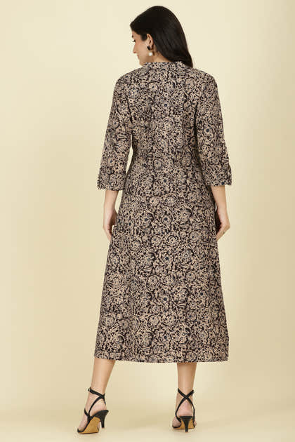 Black Cotton Kalamkari Printed Peonies Dress