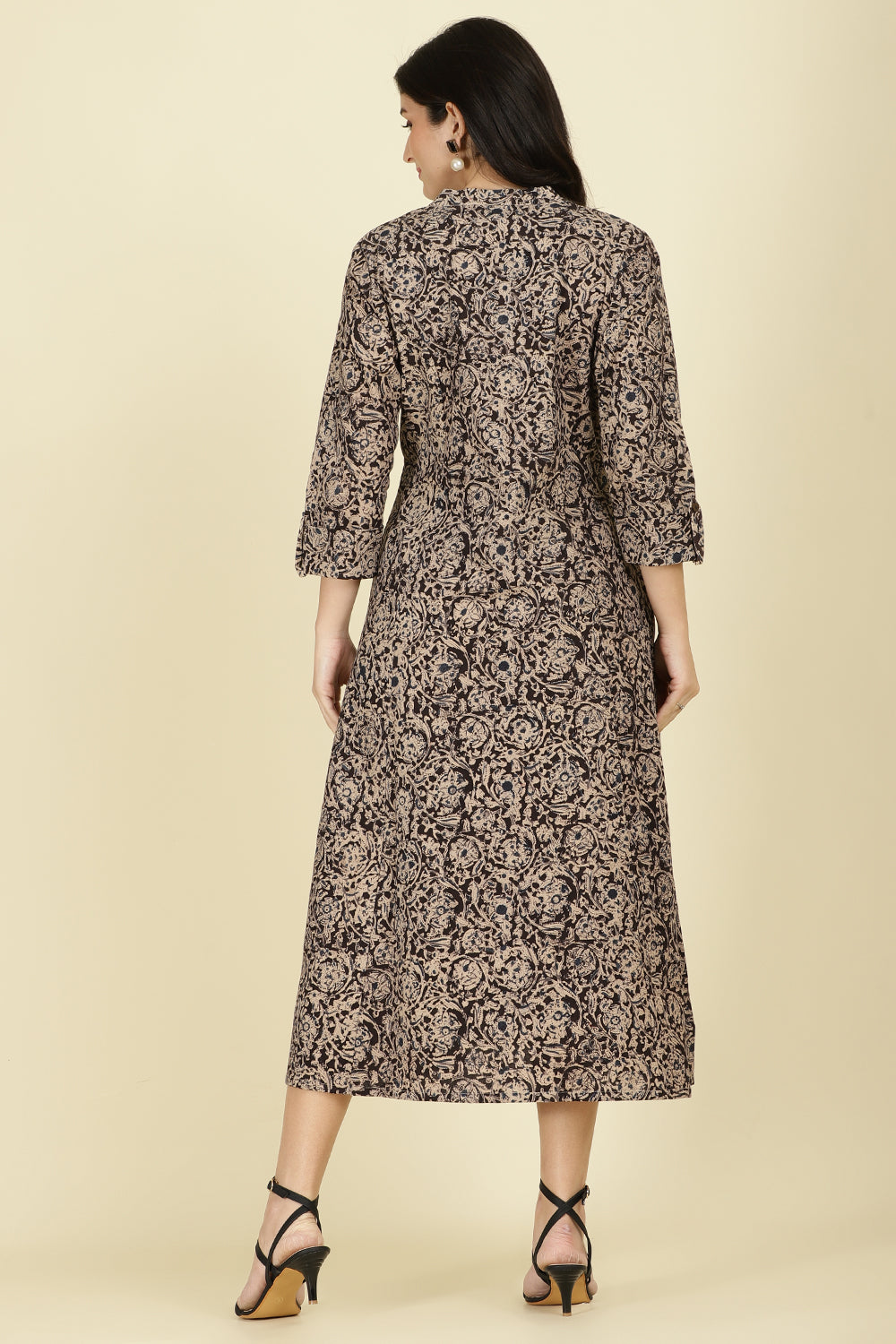 Black Cotton Kalamkari Printed Peonies Dress