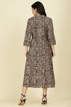 Black Cotton Kalamkari Printed Peonies Dress