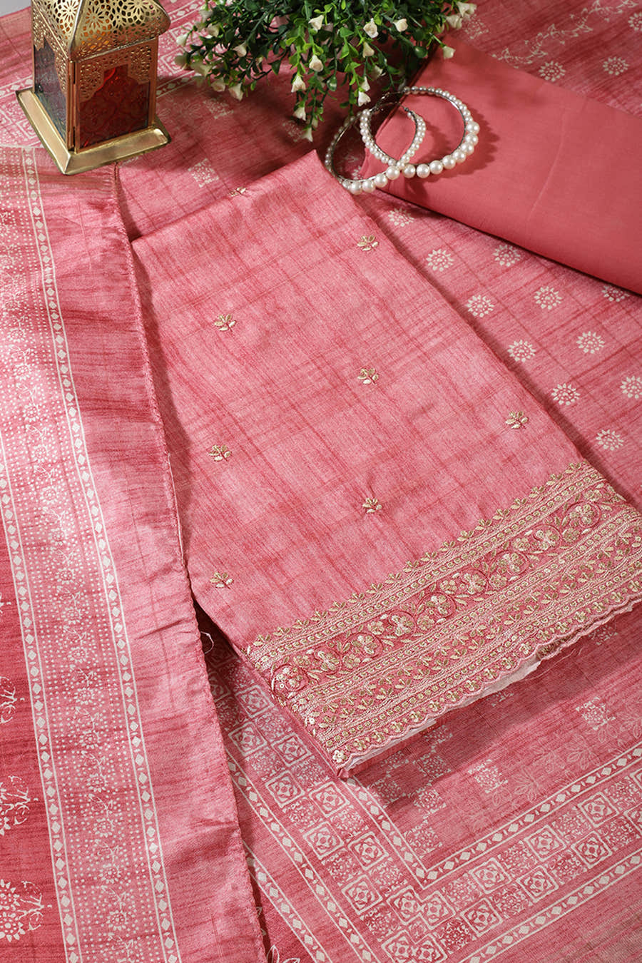 Coral Pink Tussar Silk Embroidered Unstitched Suit Material