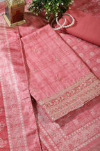 Coral Pink Tussar Silk Embroidered Unstitched Suit Material