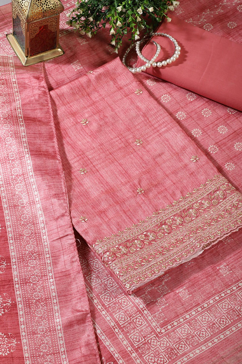 Coral Pink Tussar Silk Embroidered Unstitched Suit Material