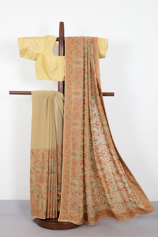 Beige Georggette Resham Embroidered And Swaroski Work Saree
