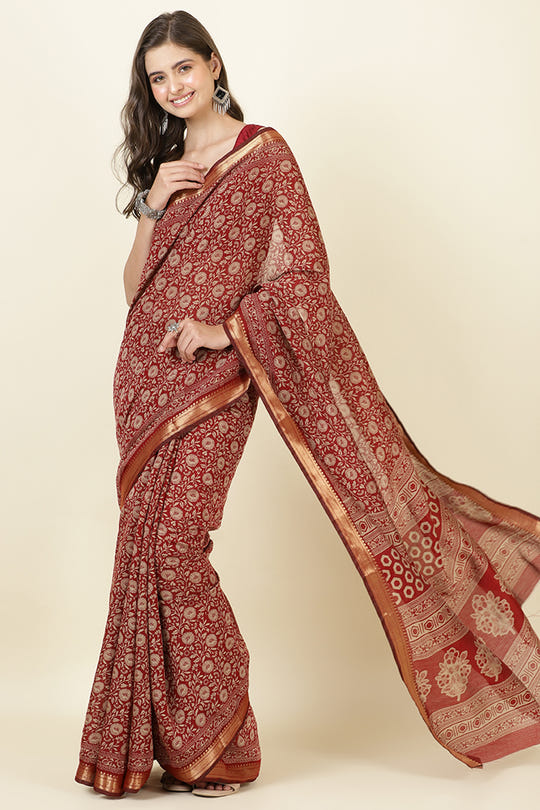 Maroon Cotton Floral Printed Saree