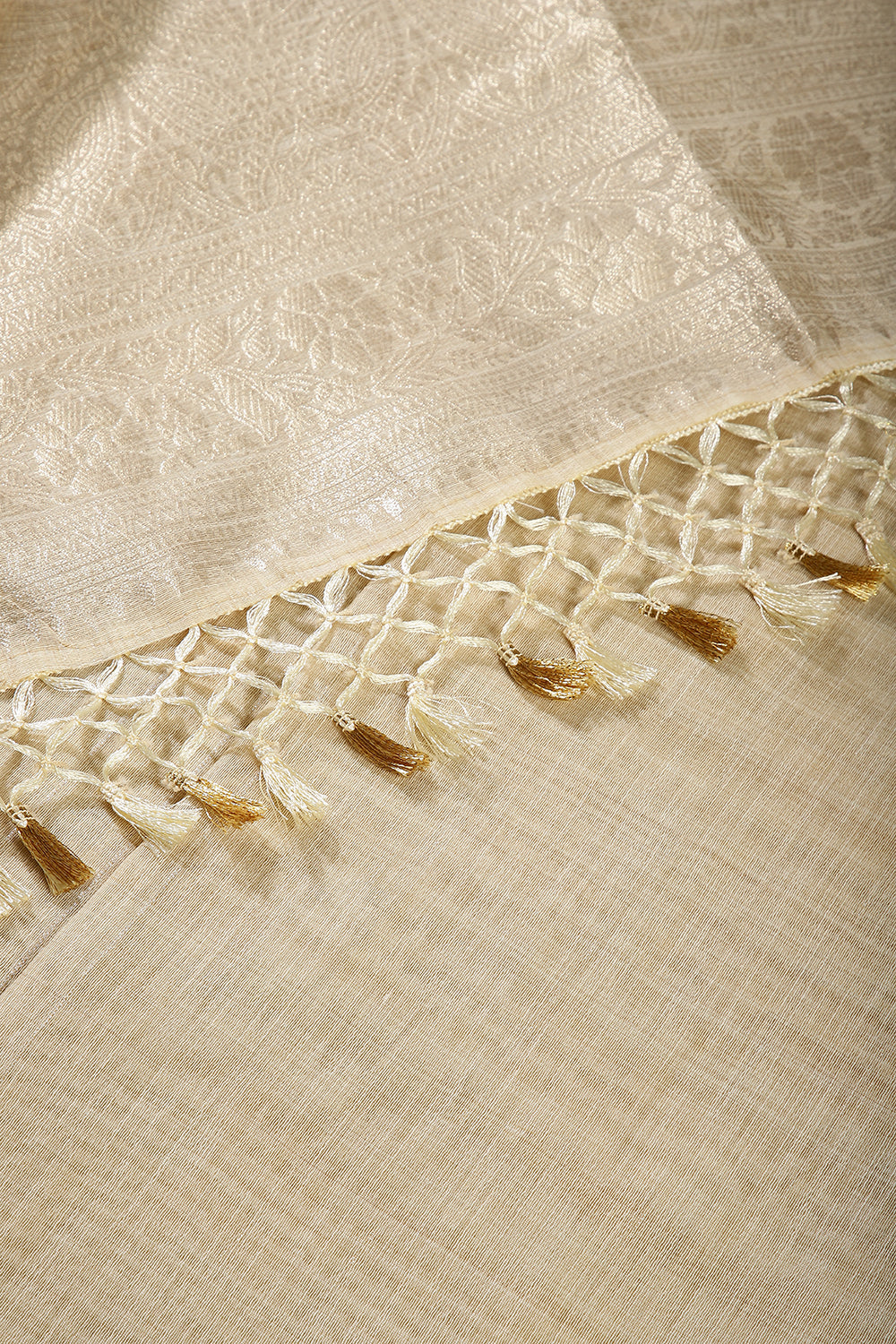 Beige & Mustard Color Chanderi Cotton Zari Woven Saree