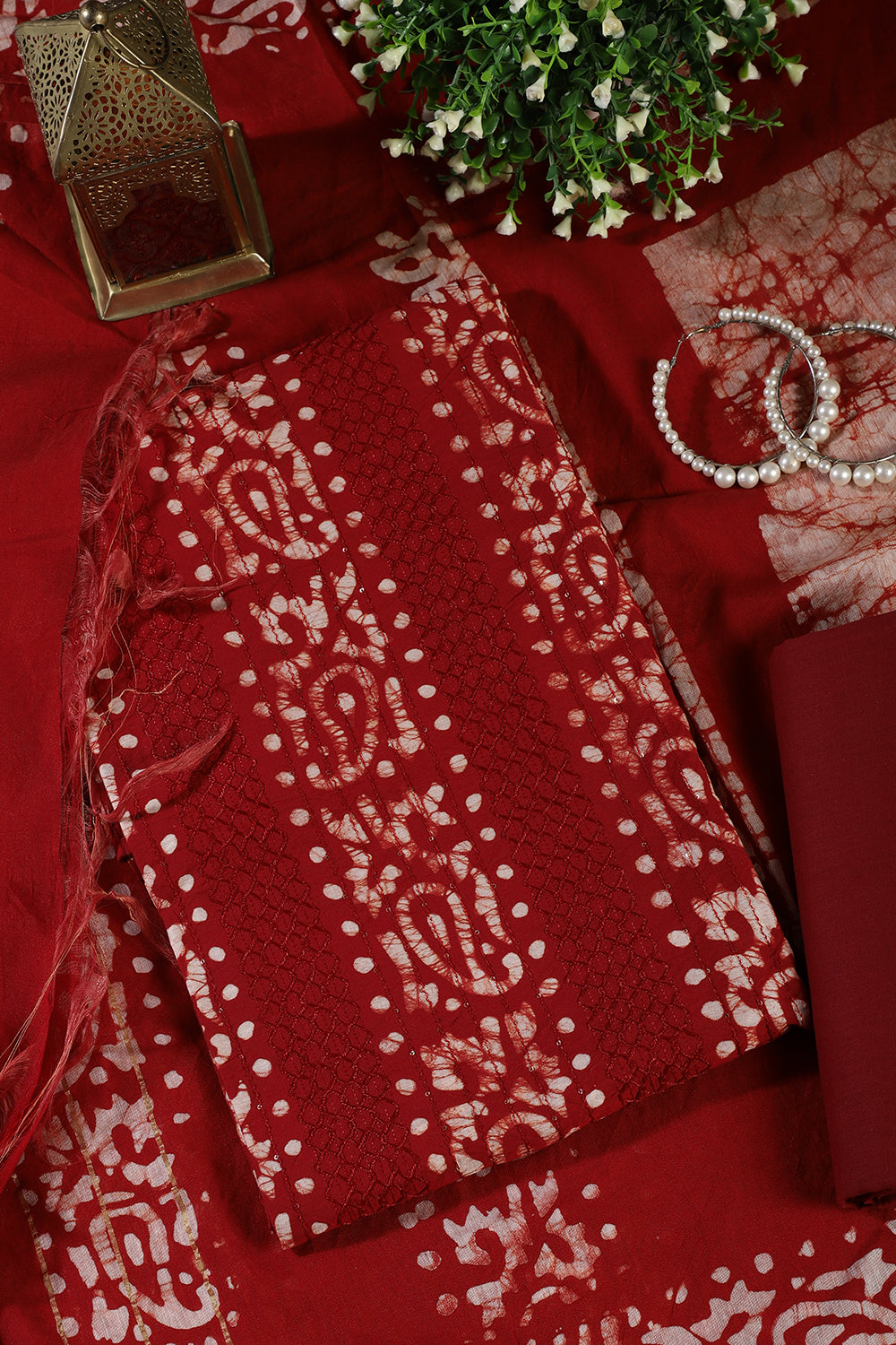 Maroon Cotton Printed And Resham Embroidered Unstitched Suit Material