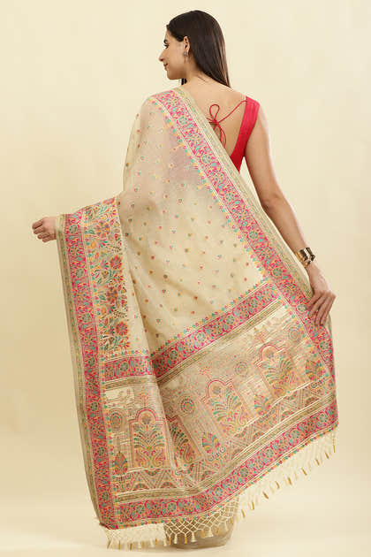 Beige Chanderi Cotton kashida Weaves Saree