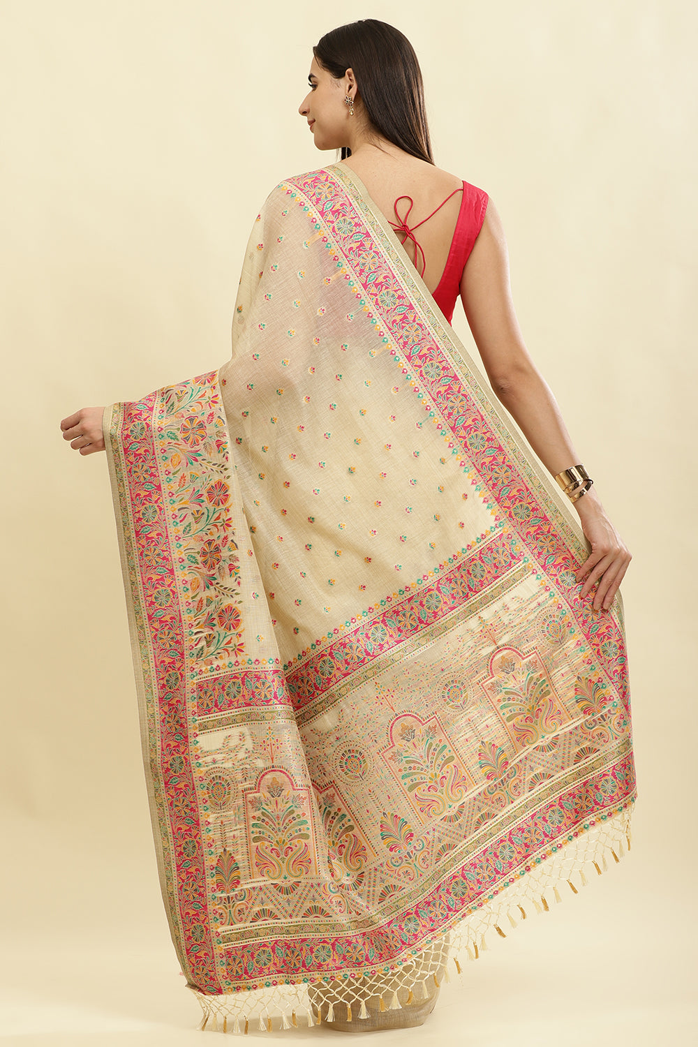 Beige Chanderi Cotton kashida Weaves Saree
