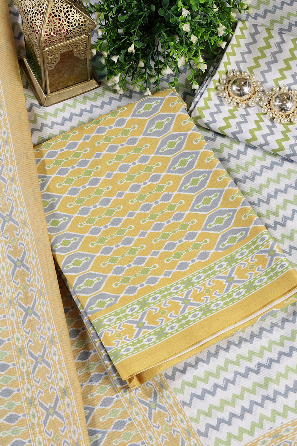 Mustard Malmal Cotton Printed Unstitched Suit Material