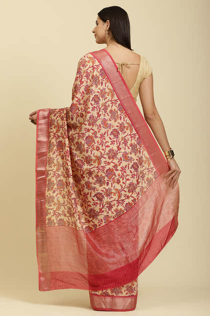 Beige & Pink Cotton Silk Floral Printed Saree