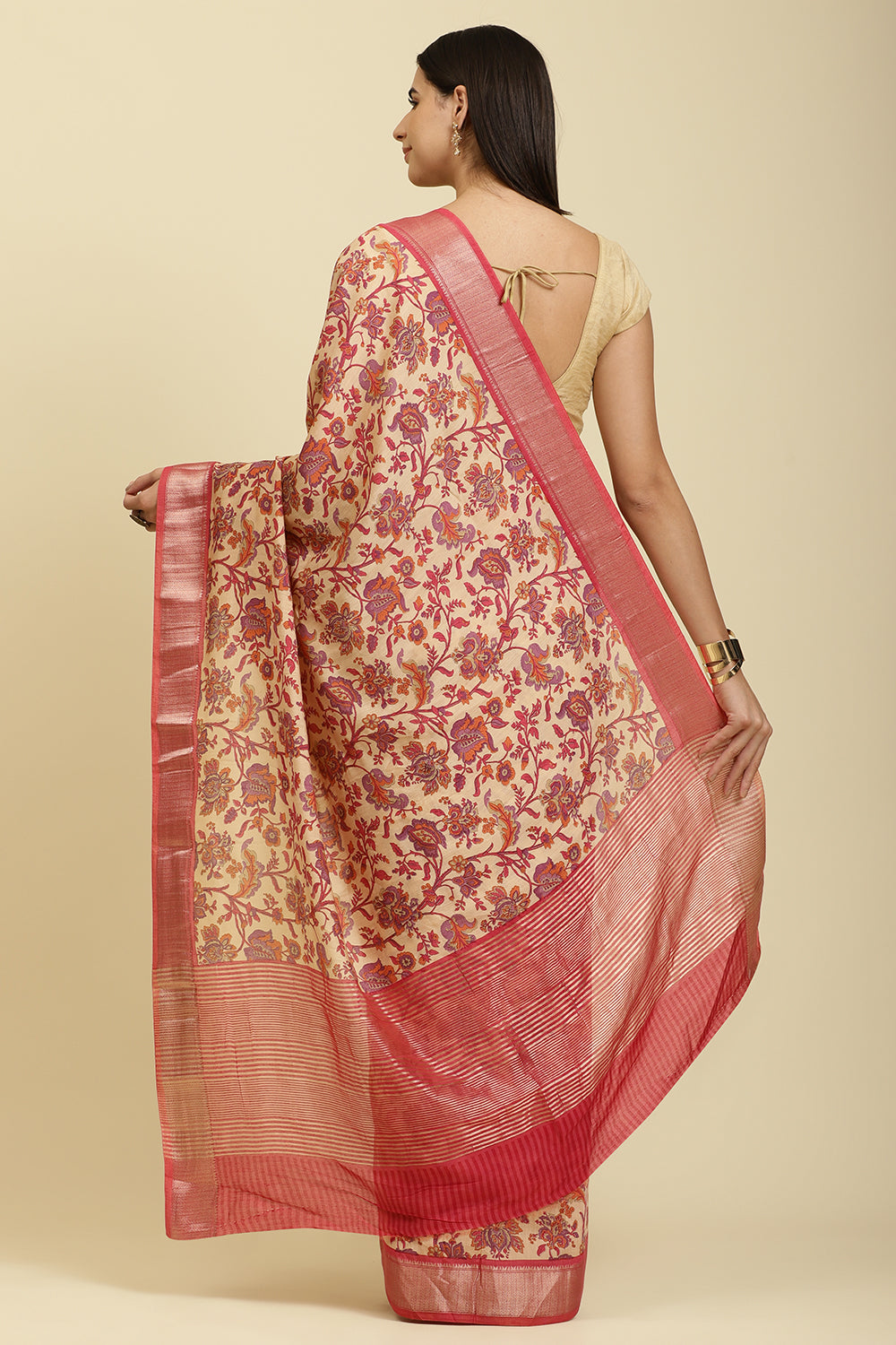 Beige & Pink Cotton Silk Floral Printed Saree