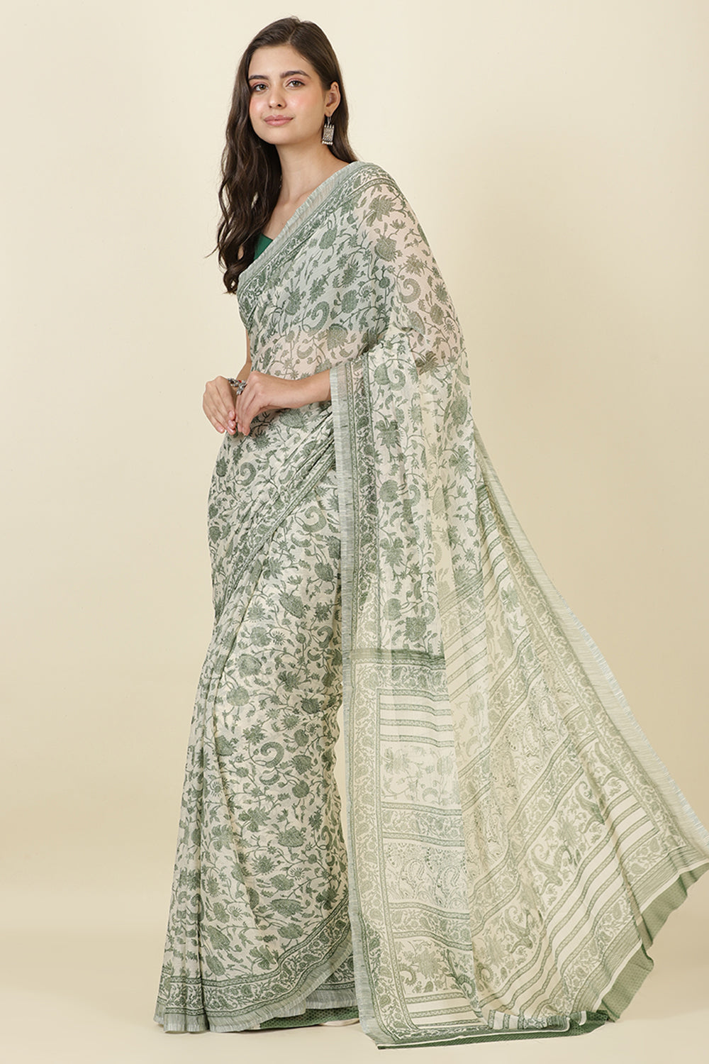White & Green Georgette Floral Printed Saree