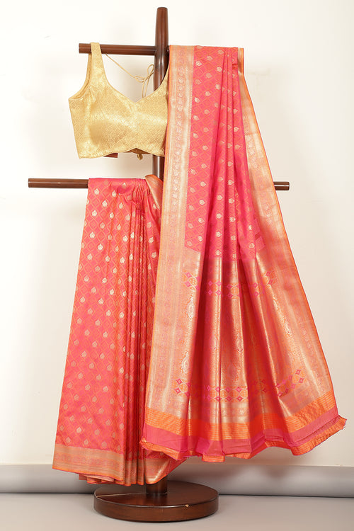 Coral Soft Silk Zari and Resham Woven Saree