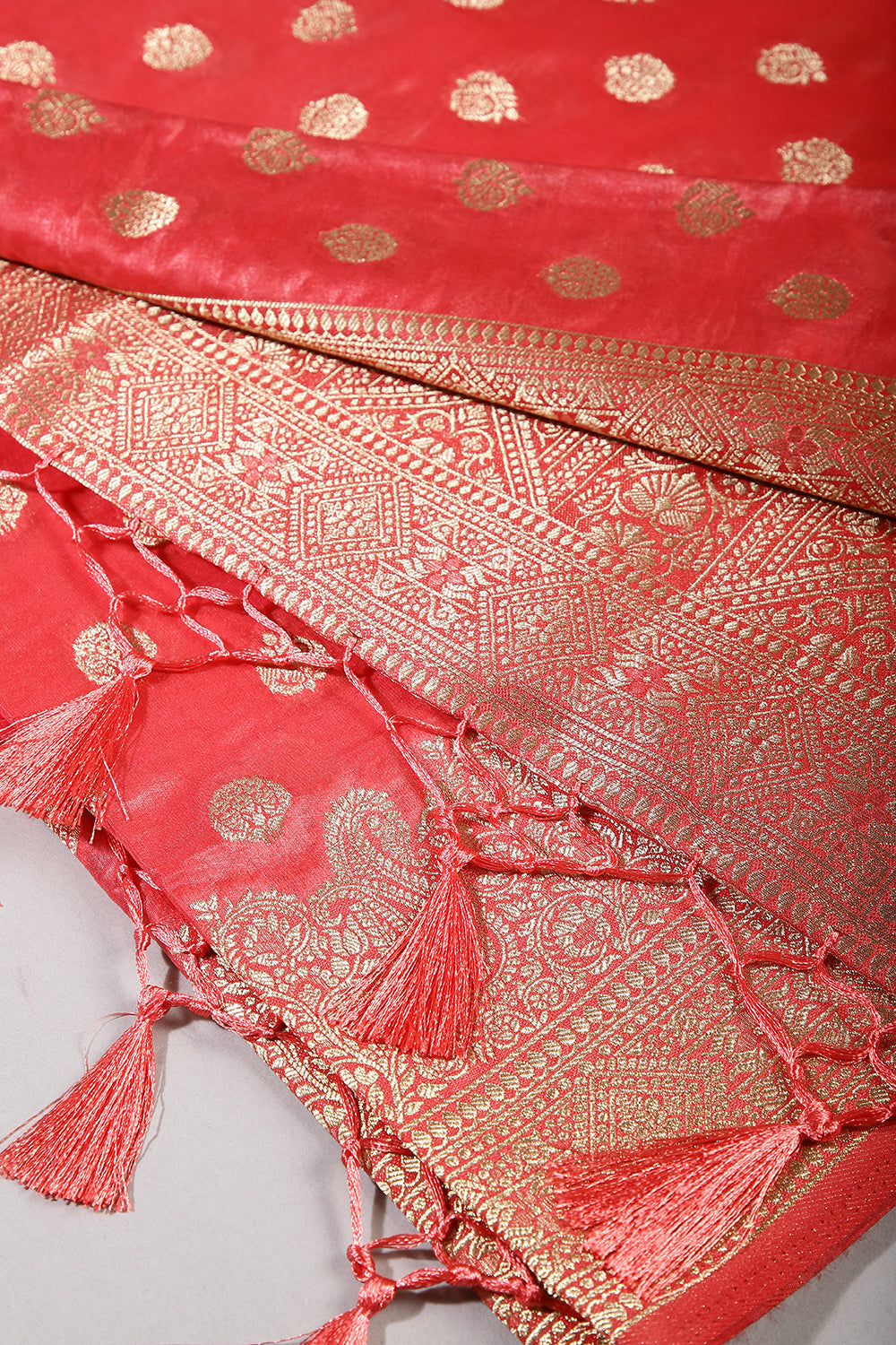 Carmine Pink Color Tissue Silk Woven Saree
