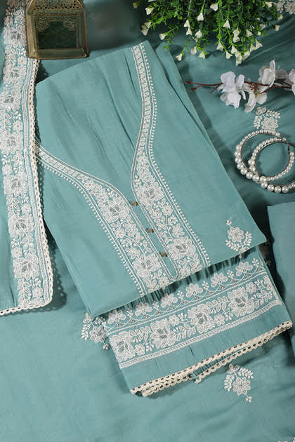 Sea Green Muslin Resham Embroidered Unstitched Suit Material