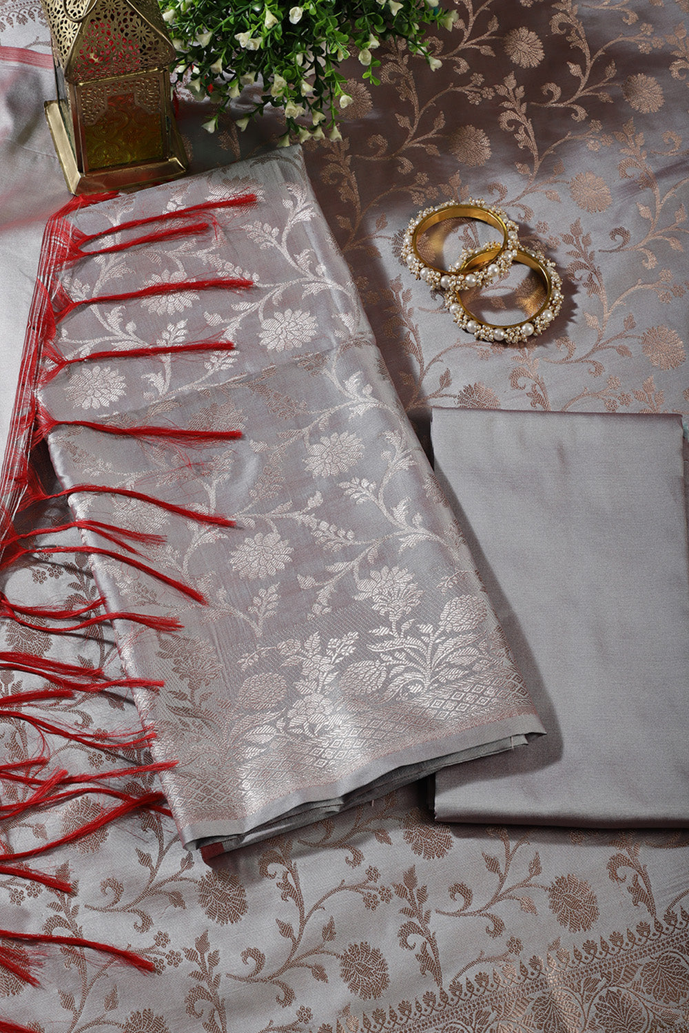 Grey Zari Floral Woven Silk Unstitched Suit Fabric