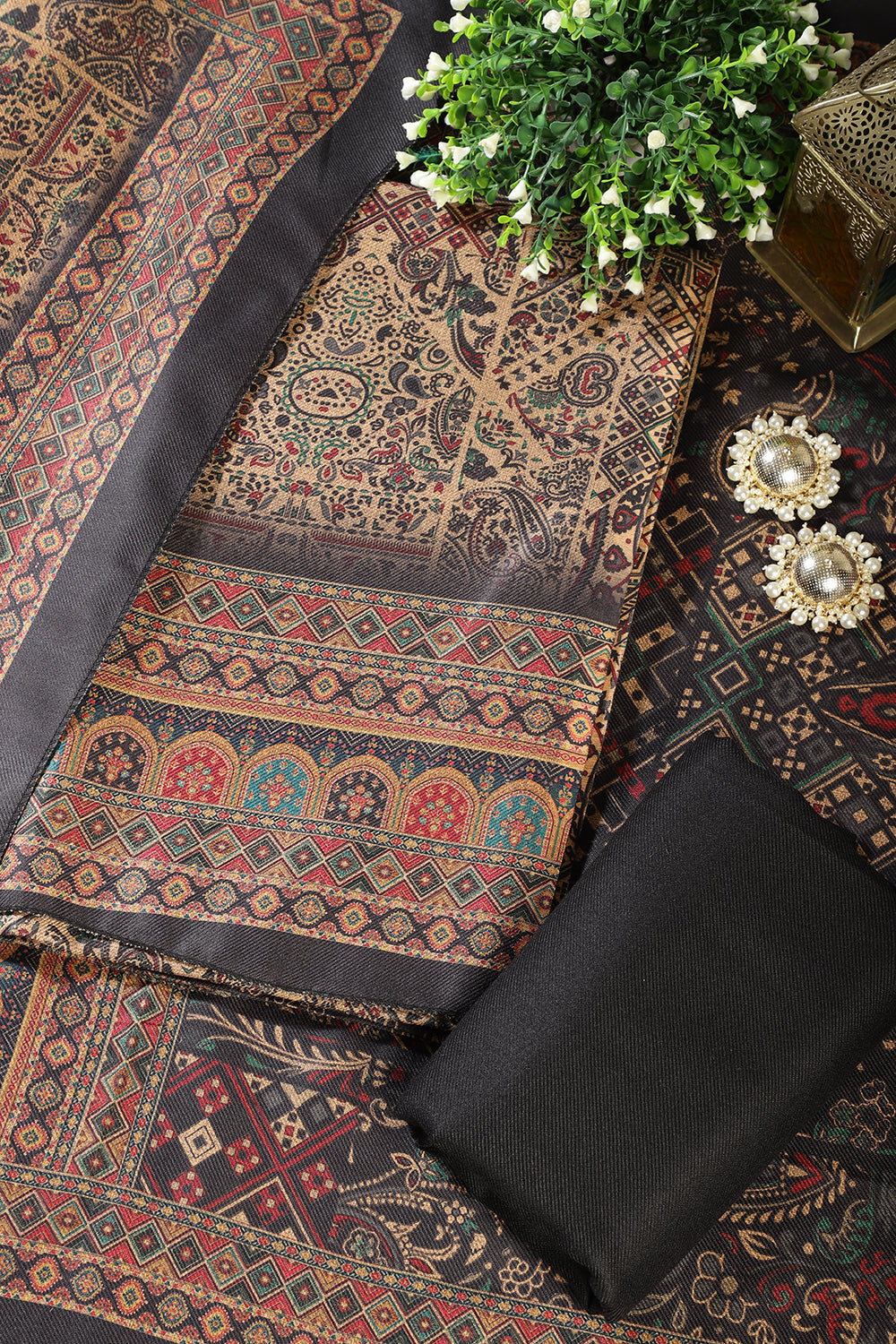 Black Pashmina Digital Printed Unstitched Suit Material