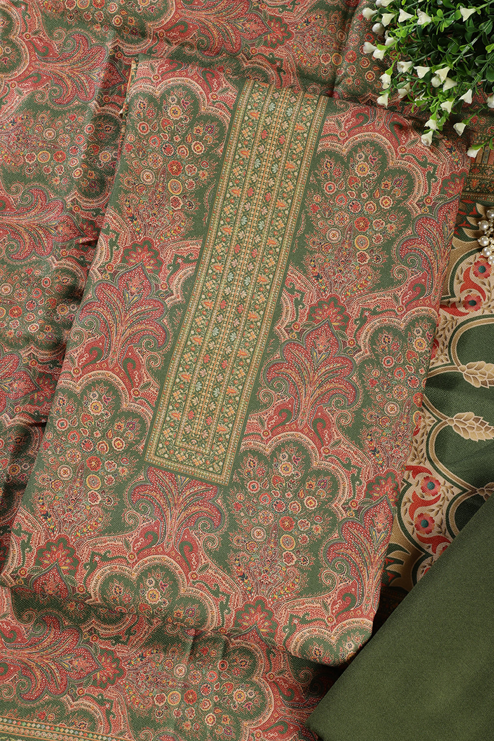 Green Colour Pashmina Digital Printed Unstitched Suit Fabric