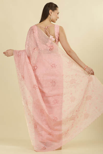Pink Floral Resham Embroidered Cotton Saree