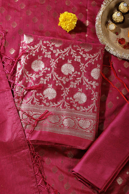 Magenta Pink Colour Zari Woven Silk Unstitched Suit Fabric