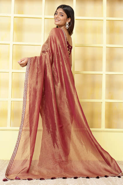 Wine Color Metallic Tissue Sequins &amp; Zari Embroidered Saree with Readymade Blouse