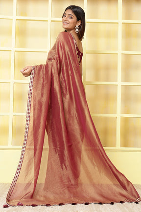 Wine Color Matelic Tissue Sequins &amp; Zari Embroidered Saree with Readymade Blouse