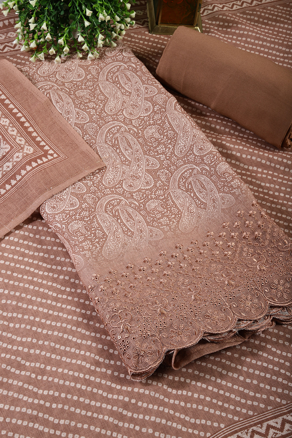 Peach Color Chanderi Cotton Floral Printed Unstitched Suit Material
