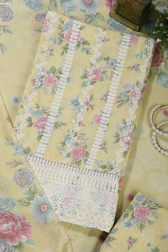 Mustard Color Cotton Flower Printed and Lace Work Unstitched Suit Fabric